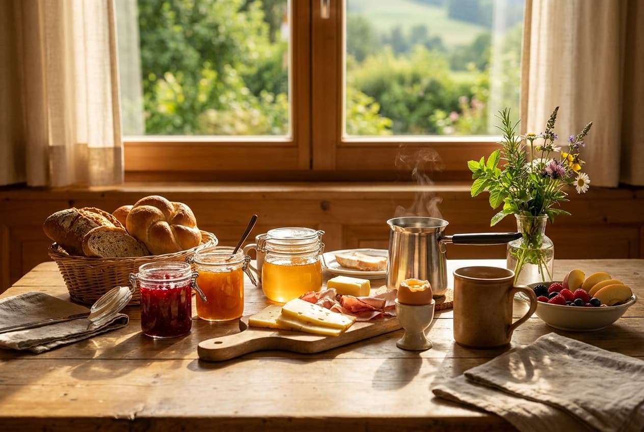 Regionales Frühstück am Tisch im Morgenlicht