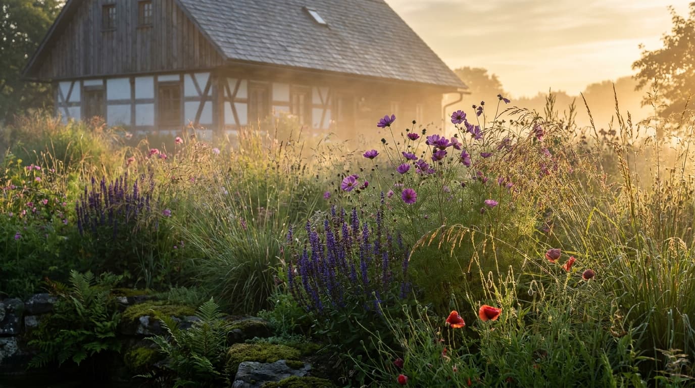 Der Paradiesgartl im Morgenlicht — üppige Staudenbeete vor dem Landhaus