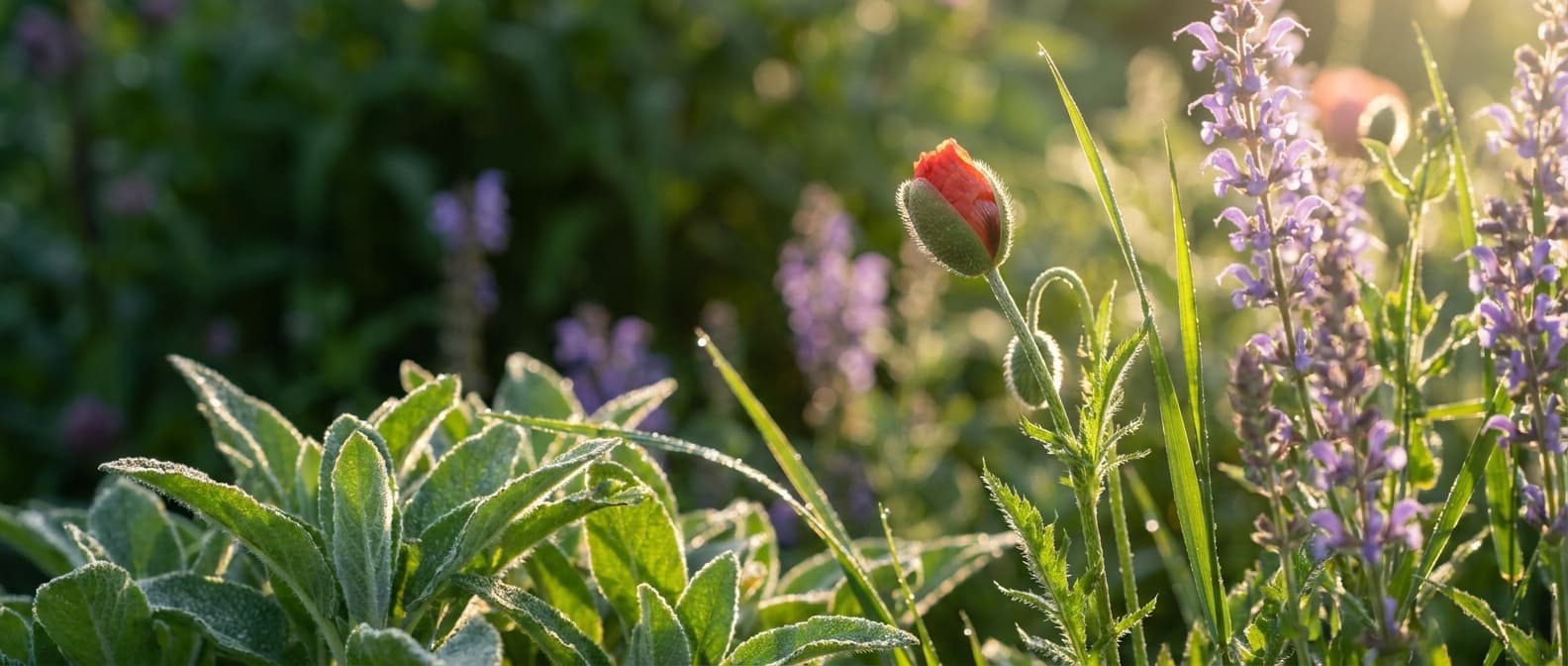 Taufrische Staudenbeete im Morgenlicht