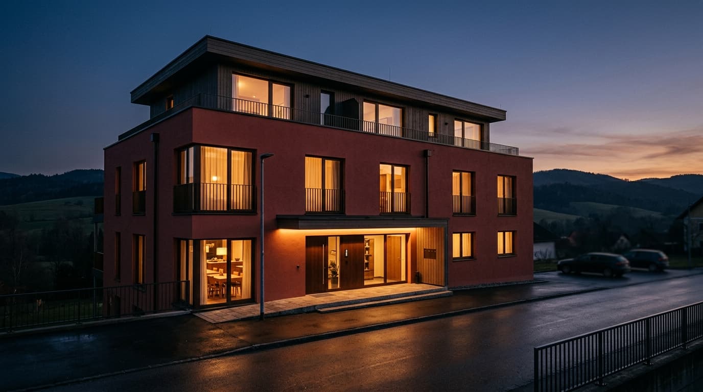 Pension Paradiesgartl — moderne Fassade zur blauen Stunde